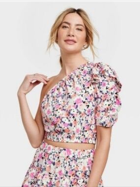 Floral One-Shoulder Puff-Sleeve Crop Top - Pink Floral